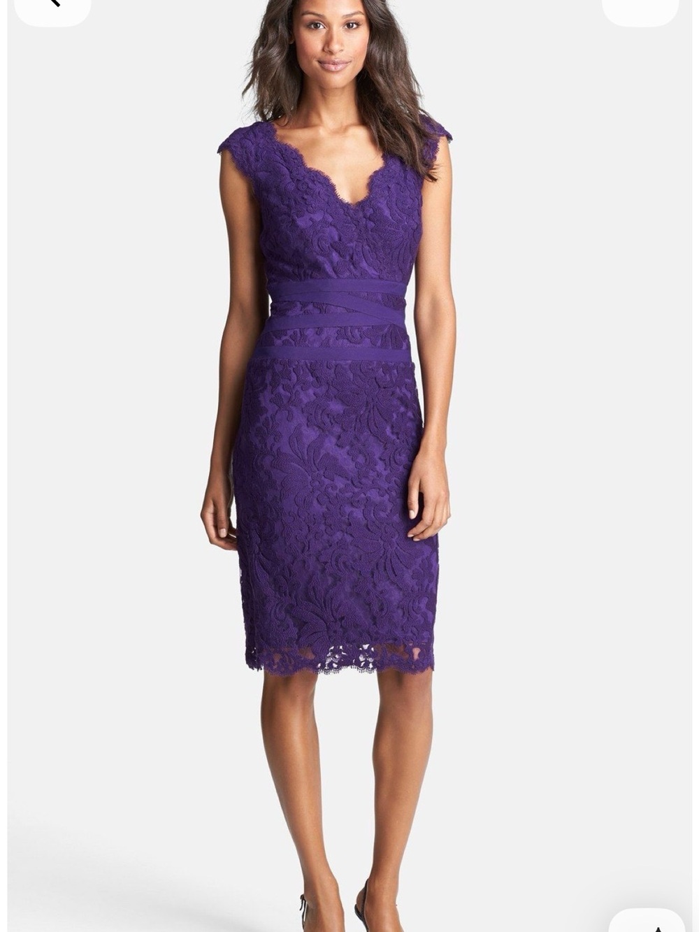 Tadashi Shoji Embroidered Purple Lace Cap-Sleeve Sheath Dress Size 2P